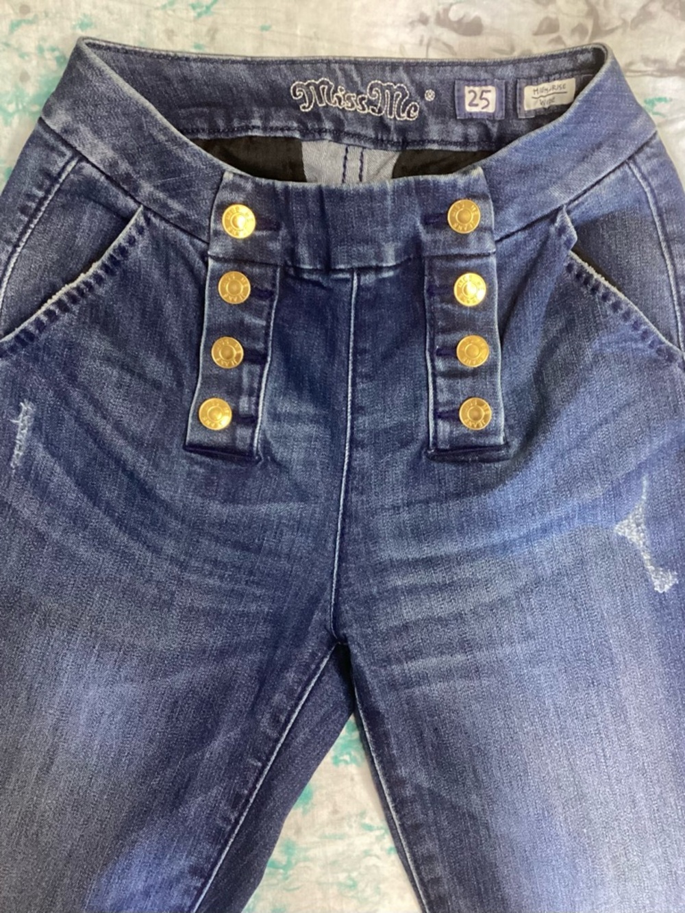 Vtg Miss Me Dark Blue High-Rise Leg Jeans with Sailor/Military Style Buttons 25